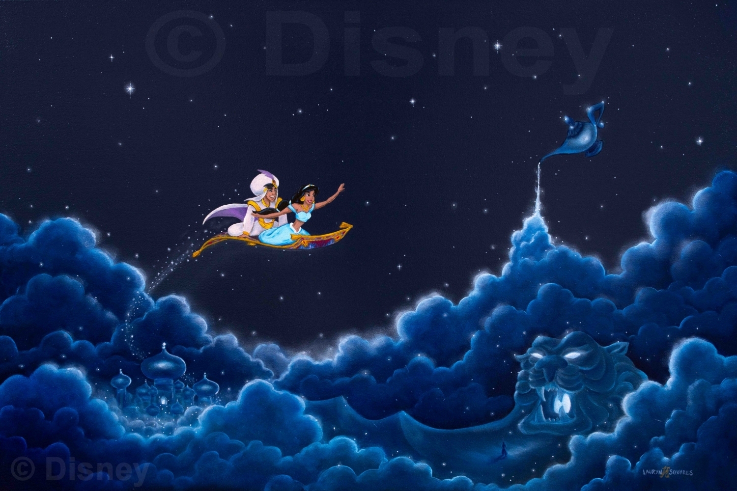 Princess Jasmine and Alladin soar on a magic carpet ride through An Endless Diamond Sky oil-on-canvas by Lauryn Squyres commissioned by Walt Disney Studios