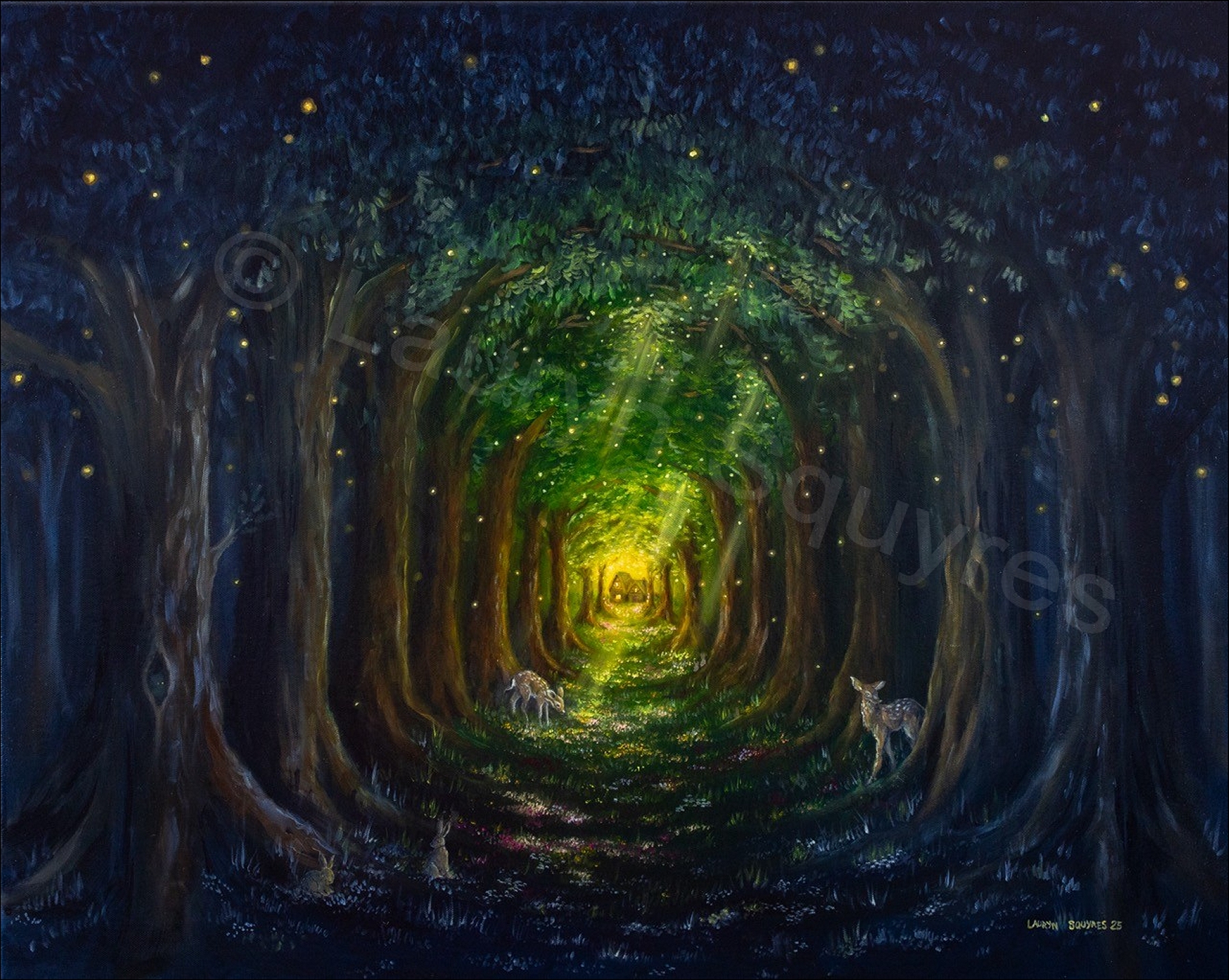 Inspired by her home in the Oregon forest growing up and movies like Disney's Snow White and the Seven Dwarfs, Lauryn Squyres' original oil painting titled Homecoming.