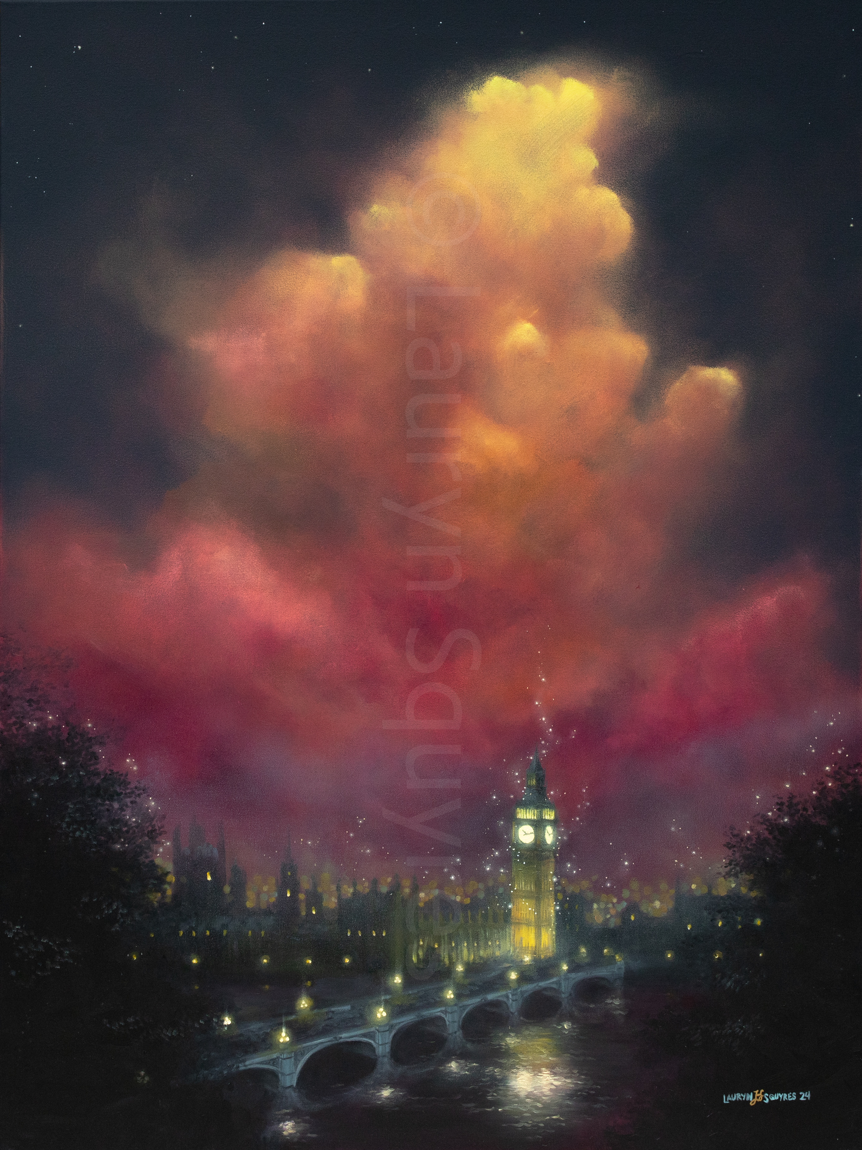 Time to Fly, painting inspired by Peter Pan and Big Ben in London England